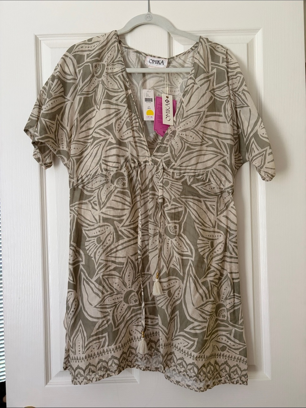 Omika Olive & Cream Floral V-Neck Tunic with Tassel Tie